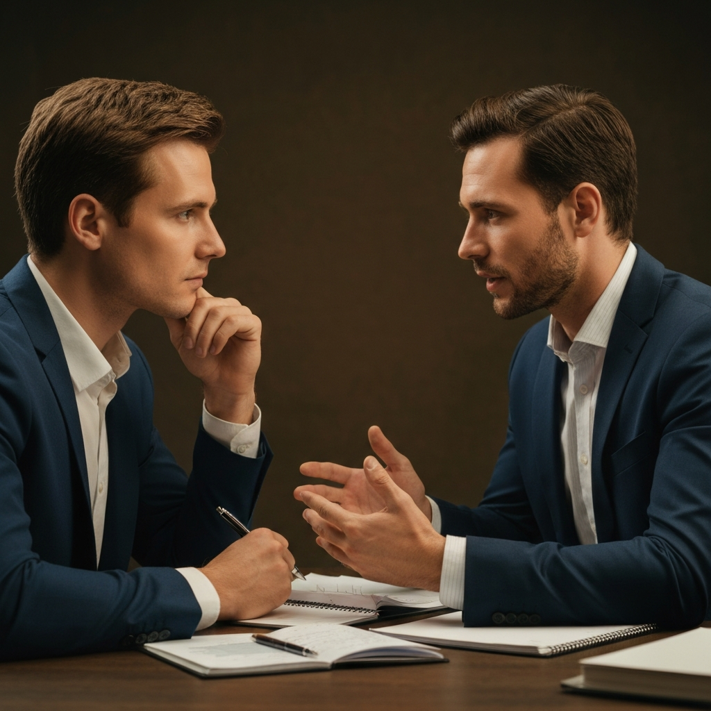 Two colleagues sitting at a desk, engaged in a serious conversation. One is leaning forward attentively, listening with a thoughtful expression, while the other is speaking, gesturing gently with their hands. The lighting is warm and inviting, creating a sense of trust and openness.