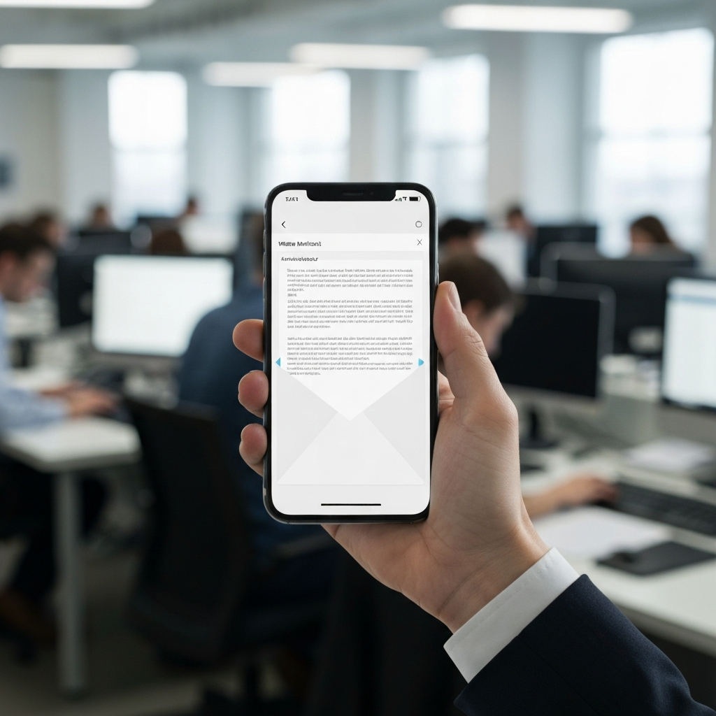 A hand holding a smartphone, displaying a work email. The background is a busy office environment with blurred figures working at computers. The screen of the smartphone is in focus, showing the concise and professional layout of the email.