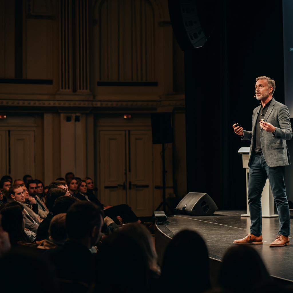 A speaker on stage, delivering a passionate presentation to a large audience. The stage is well-lit with dramatic lighting, and the speaker is gesturing enthusiastically, connecting with the audience on an emotional level.