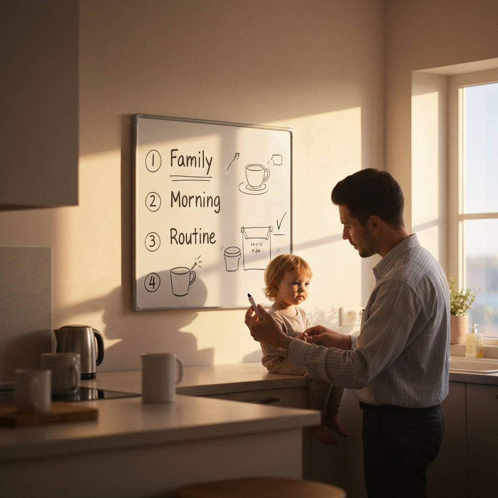 Softly lit kitchen at dawn. A family whiteboard hangs on the wall, displaying morning routine steps with simple illustrations. A parent helps a young child check off a completed task with a dry-erase marker. Soft bokeh effect on the background.