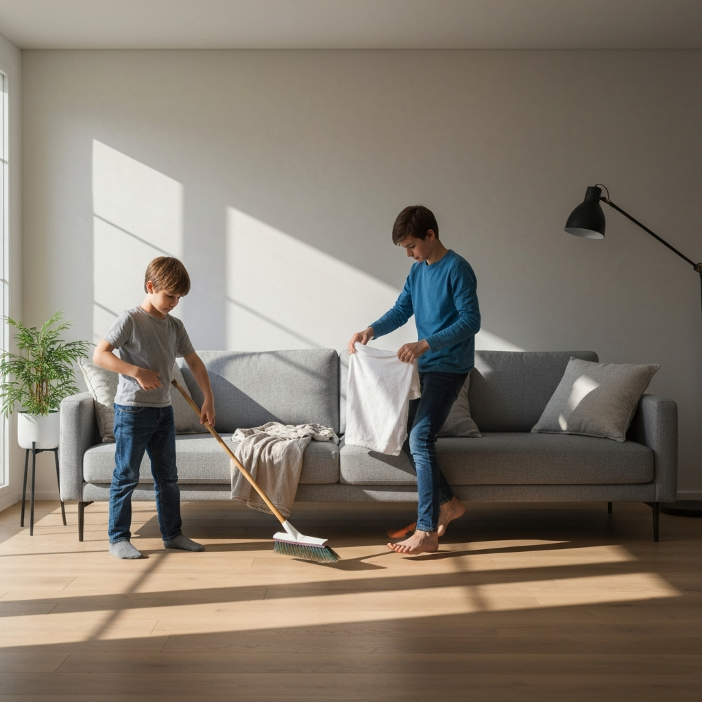 A sunny living room, mid-afternoon. A teenager folds laundry on a neatly organized sofa. A younger child sweeps the floor with a small broom. Natural light filters through the window, casting soft shadows.