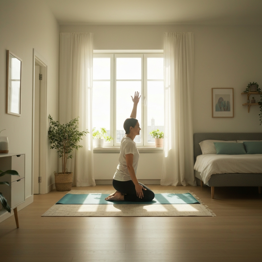 A bright and airy bedroom in the morning. A parent practices yoga on a mat. Sunlight streams through the window, creating a serene and peaceful atmosphere. The room is decorated with calming colors and plants.
