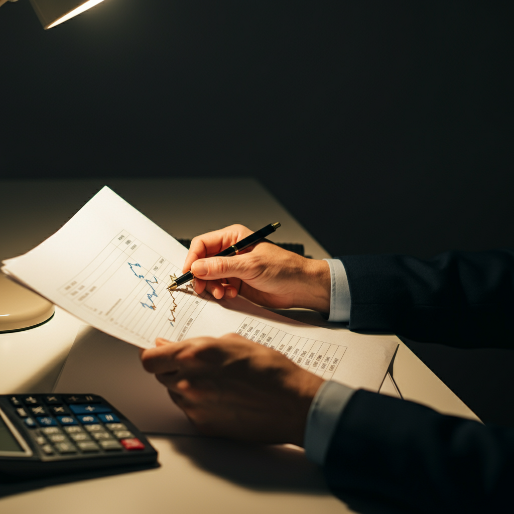 Close-up shot of a hand meticulously reviewing printed financial statements illuminated by warm desk lamp light. Soft bokeh on the background objects (calculator, pen, notebook).