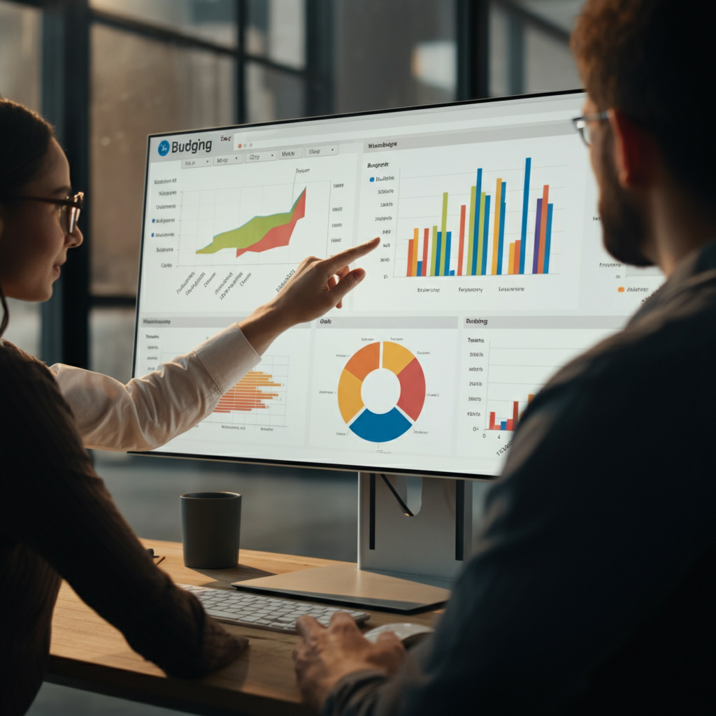 A person in a well-lit, modern office setting collaborating with a colleague, pointing at a large monitor displaying budgeting software with colorful charts and graphs. Soft overhead lighting.