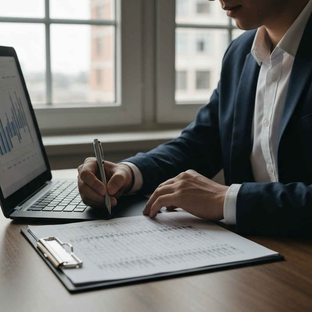 A focused individual working at a desk, using a spreadsheet to analyze cash flow projections. Natural light floods the workspace from a nearby window.