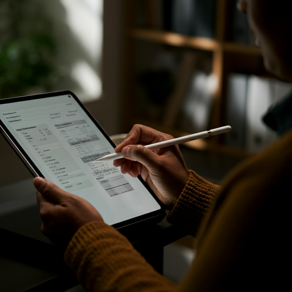 A person reviewing invoices and expense reports on a tablet, using a stylus to highlight areas of concern. The background showcases an organized home office with natural light.