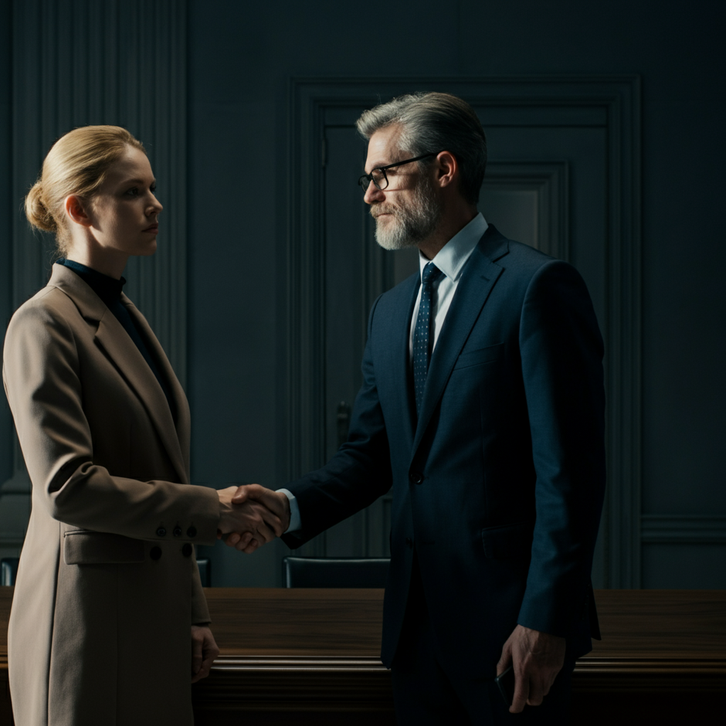 A serious-looking individual in a professional setting, shaking hands with a banker after a loan approval. Soft, corporate-style lighting.