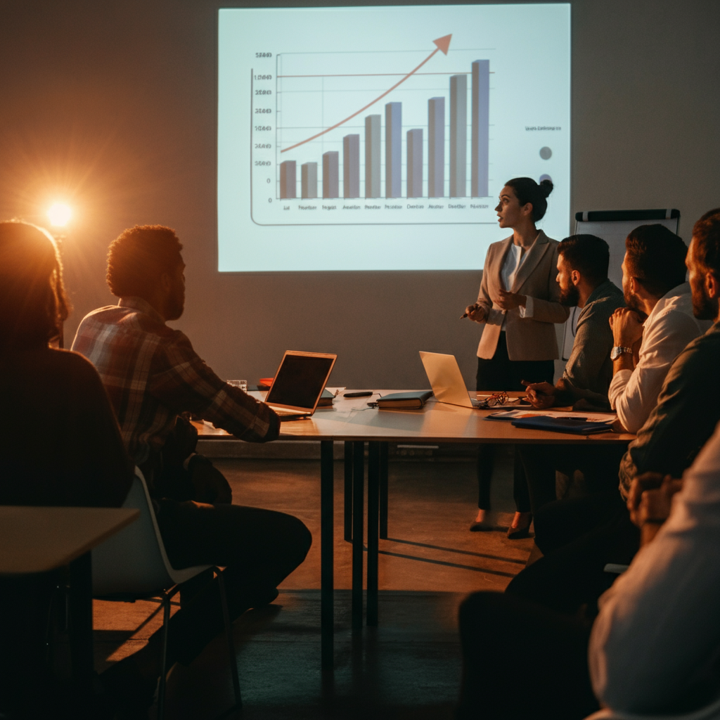 A group of business professionals attentively listening to a financial expert during a seminar. A projector displays a graph showcasing financial growth.