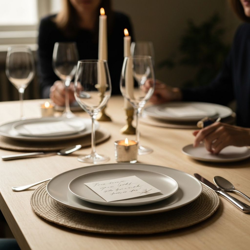 A well-lit dining table with place settings, soft bokeh in the background. A handwritten invitation card rests on one plate. Warm, inviting lighting.