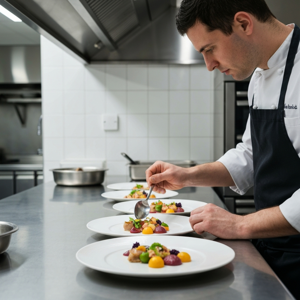 A chef meticulously plating a vibrant dish in a professional kitchen. Stainless steel surfaces gleam under bright, focused lighting. Side-lit textures reveal the intricate details of the ingredients.