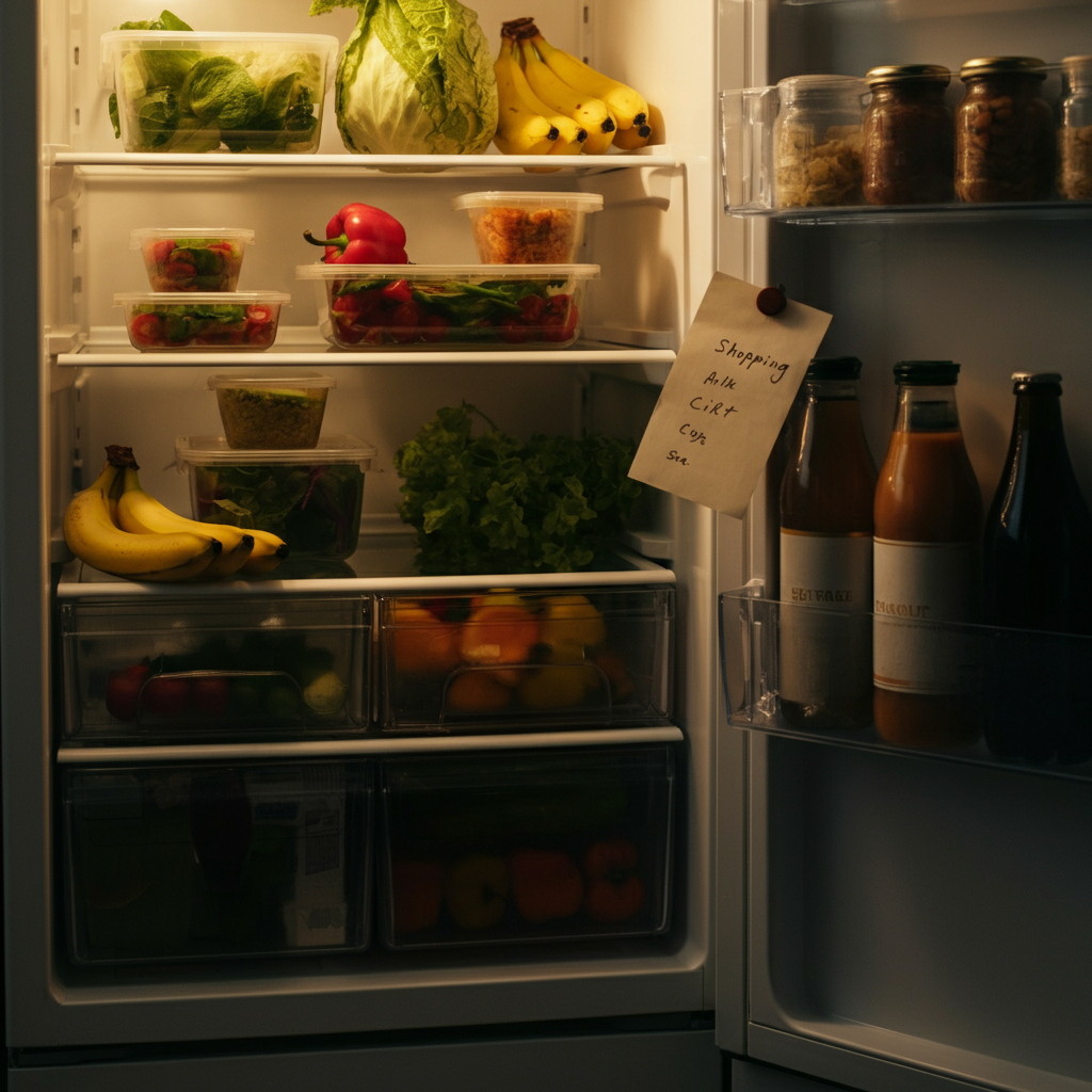 A neatly organized refrigerator with fresh produce in clear containers. Soft, diffused light illuminates the colorful contents. A handwritten shopping list is attached to the door.