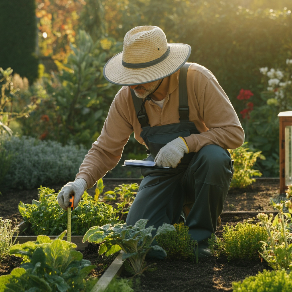 A gardener, wearing a sun hat and gardening gloves, kneels in a garden bed with a measuring tape and notepad. Soft morning light illuminates the garden, casting long shadows. The background is slightly blurred, creating a soft bokeh effect.