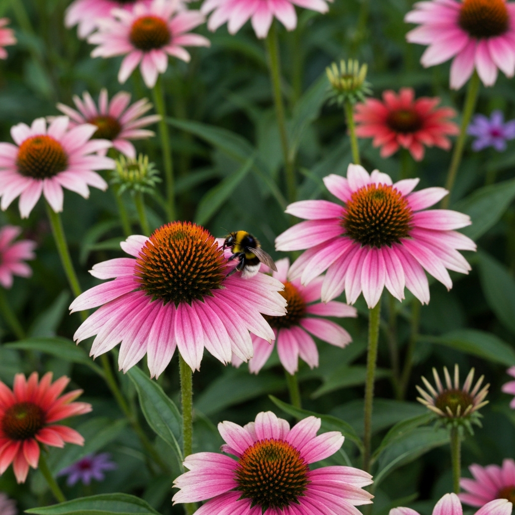 A close-up shot of a vibrant flower bed filled with various colors and textures. A bumblebee is visibly collecting pollen from a bright yellow coneflower. The lighting is natural, with the sun highlighting the details of the bee and petals.