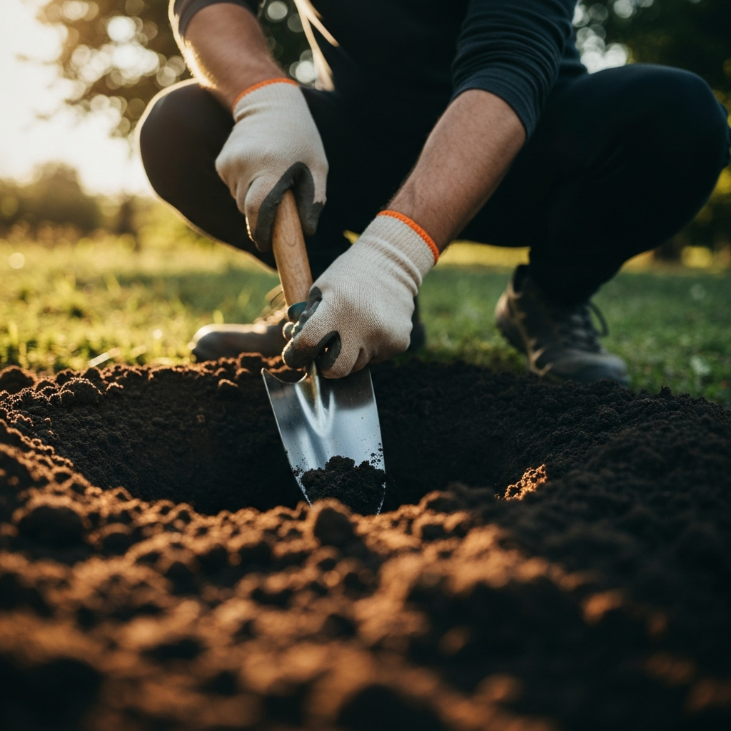A gardener is digging a hole in the soil with a trowel, preparing to plant a seedling. The focus is on the rich, dark soil and the gardener's gloved hands. Sunlight filters through the leaves of nearby trees, creating dappled lighting.