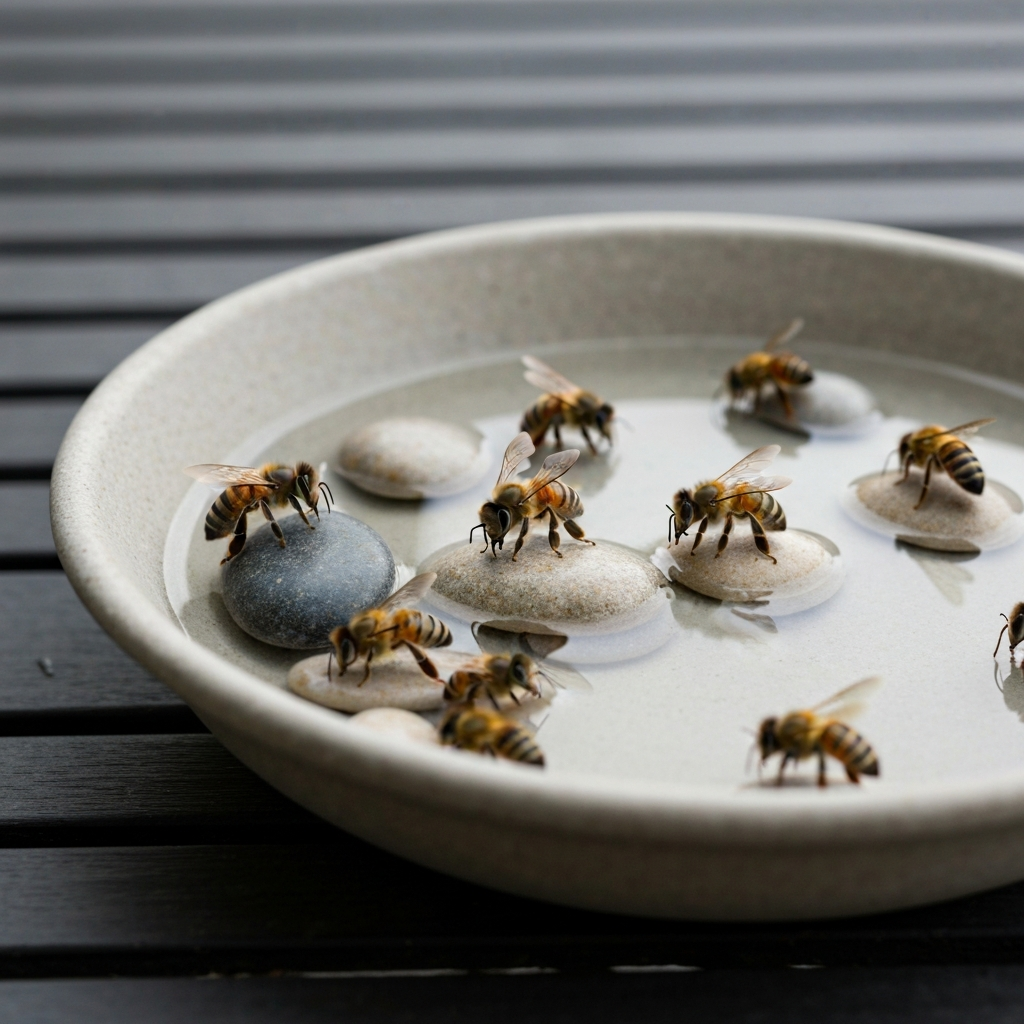 A shallow dish filled with water and small river stones sits on a garden table. Several bees are gently drinking from the water, using the stones as landing pads. The image is brightly lit, showcasing the water's surface and the bees' delicate wings.