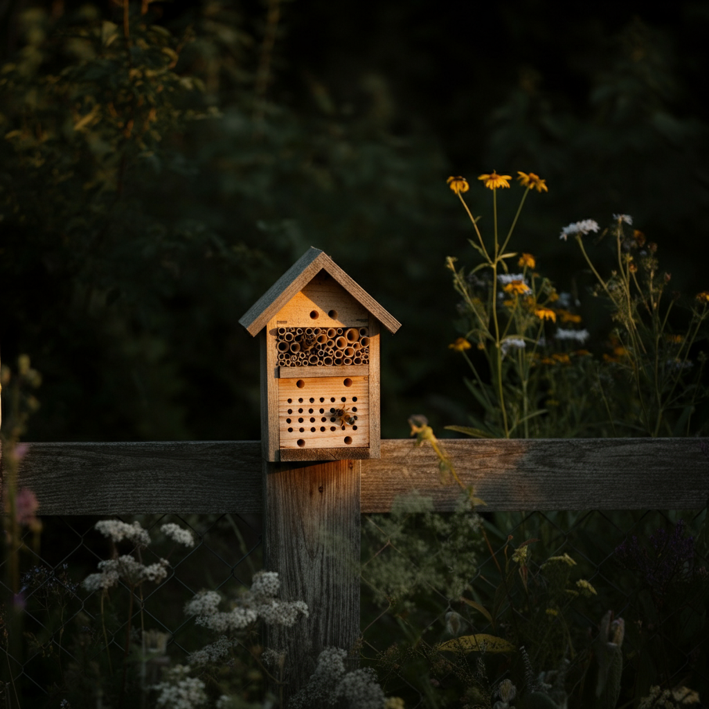 A wooden bee house hangs on a garden fence, with several occupied nesting tubes. The surrounding area features wildflowers and green foliage. Golden hour lighting creates a warm, inviting atmosphere.