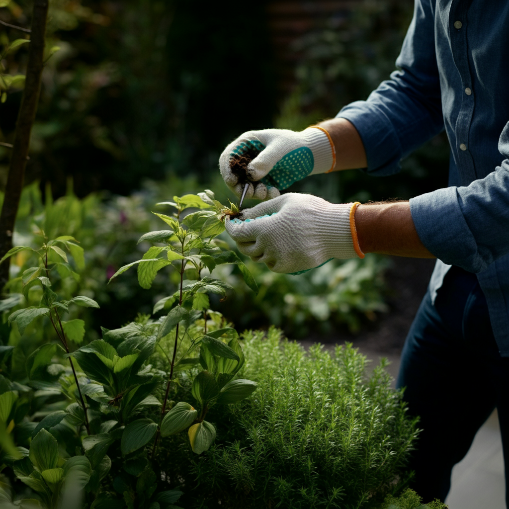 A gardener is carefully hand-picking pests from a plant, wearing gardening gloves. The image emphasizes the gardener's gentle touch and attention to detail. The background shows a healthy, thriving garden.
