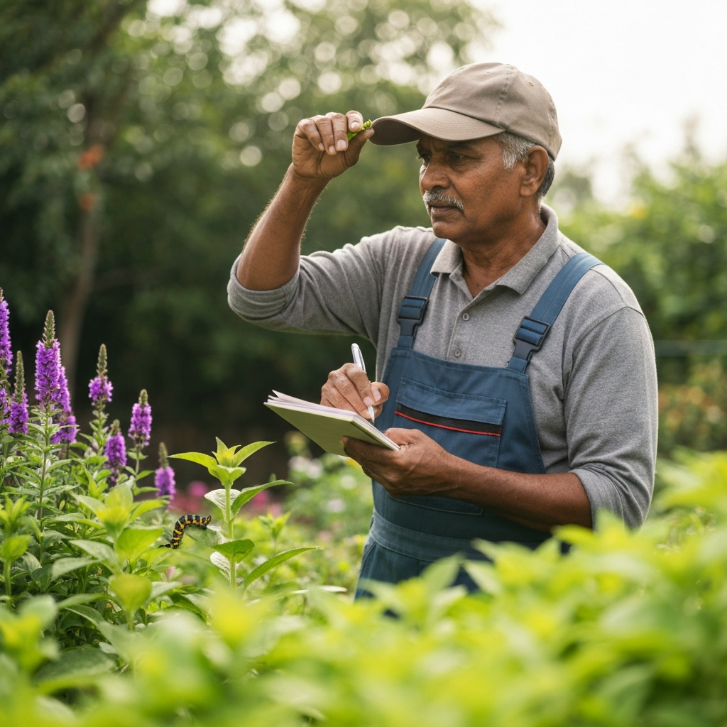 A gardener is standing in their garden, observing the plants and insects. They are holding a small notebook and pen, seemingly taking notes. The scene is peaceful and serene, with soft, diffused light.