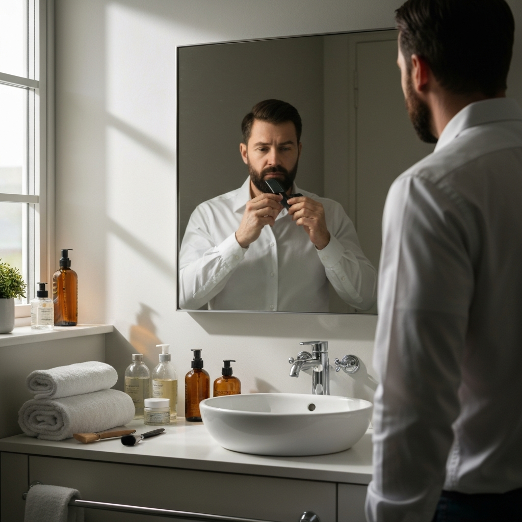 A well-lit bathroom vanity with neatly arranged grooming products. Soft light streams in from a window, highlighting the textures of the glass bottles and clean towels. A man is reflected in the mirror, meticulously trimming his beard with professional grooming tools.