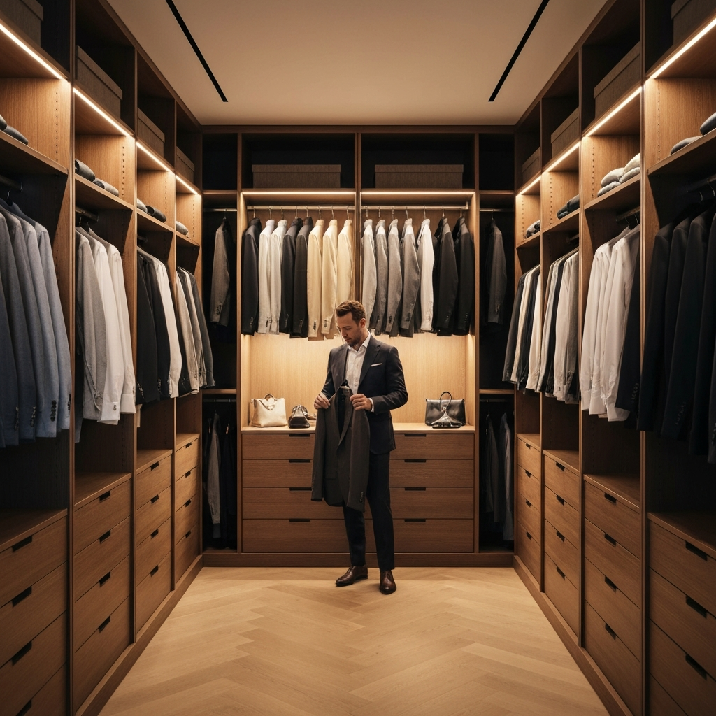 A walk-in closet with clothing neatly organized by color and type. A man stands in the center, thoughtfully examining a tailored jacket. Golden hour lighting illuminates the rich textures of the fabrics.