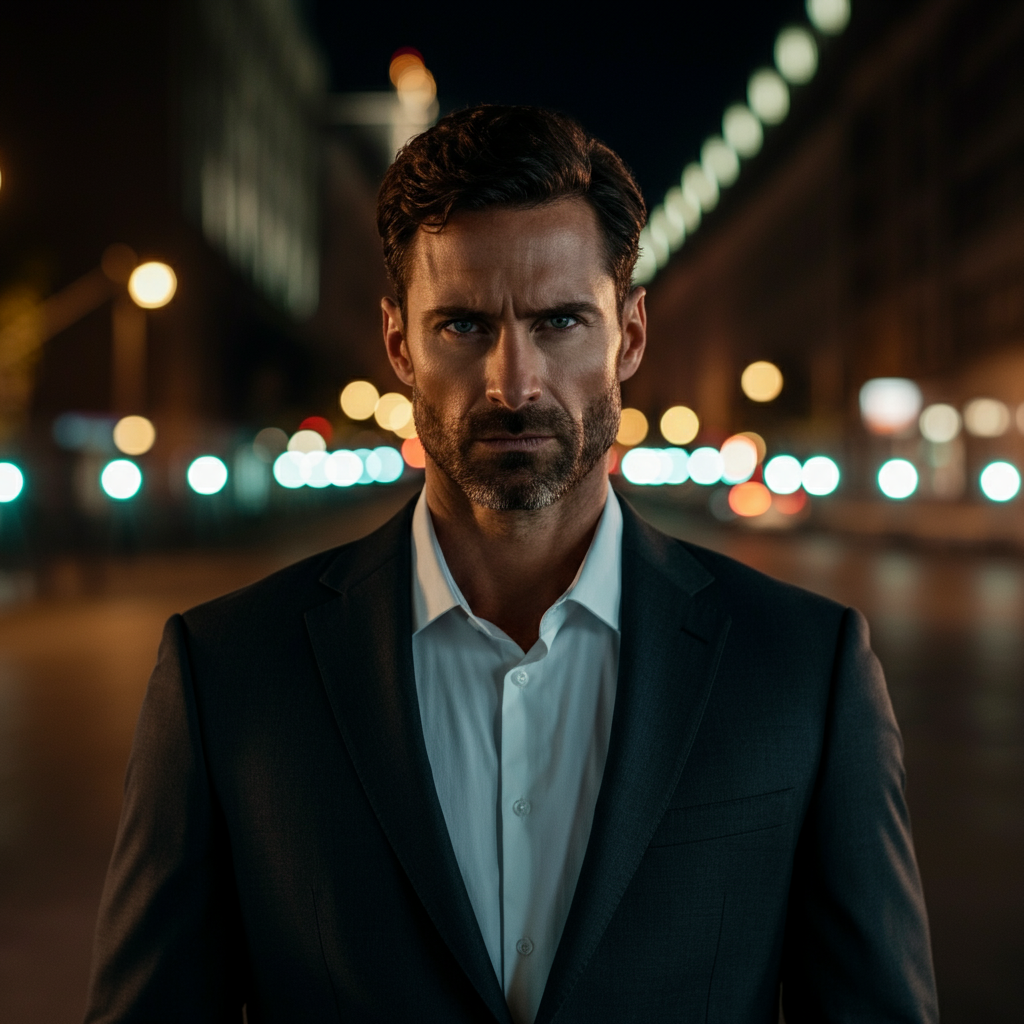 A man standing confidently in an urban setting, shoulders back, looking directly at the camera. The background features blurred city lights, creating a soft bokeh effect. He wears a well-fitted suit.