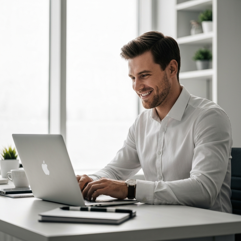 A man sitting at a desk in a bright, modern office, smiling as he reviews positive feedback on his laptop. Soft, natural light fills the room, creating a sense of calm and accomplishment.