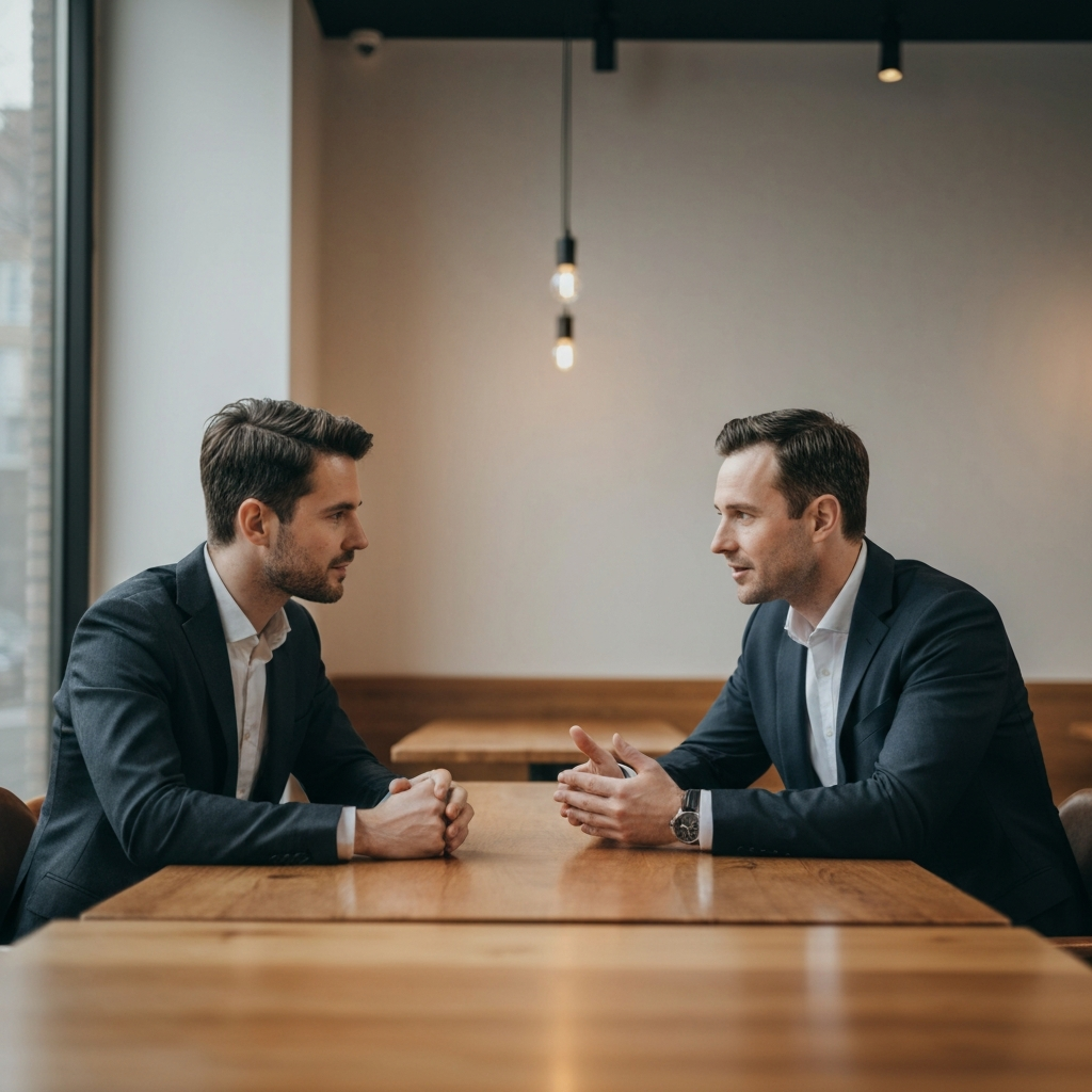 Two people engaged in a focused conversation in a cafe. The lighting is warm and inviting, highlighting the textures of the wooden table and the expressions on their faces. They are both dressed professionally.