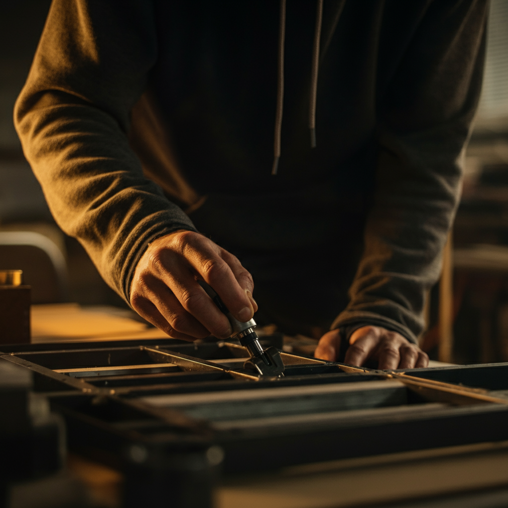 A close-up shot of hands working diligently on a complex project, showcasing intricate details and focused concentration. Soft side-lighting emphasizes the textures of the tools and materials.