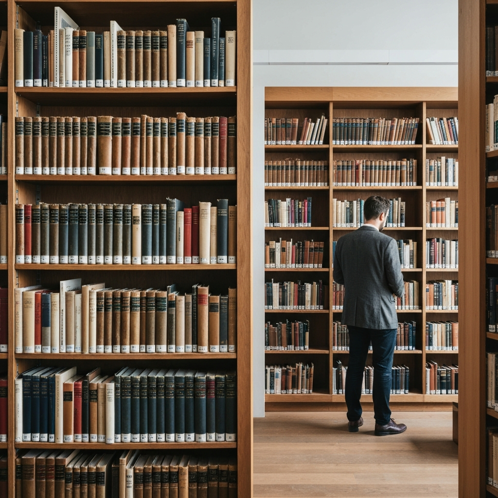 A well-lit library with towering bookshelves, a person browsing through different sections, a soft glow on the book spines and worn covers.