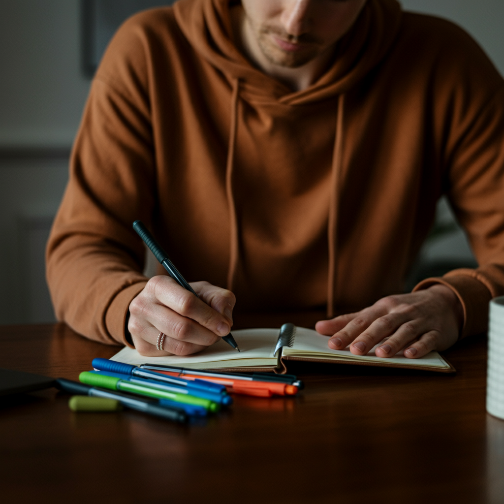 A person sitting at a desk, making notes in a notebook with different colored pens, focused expression.