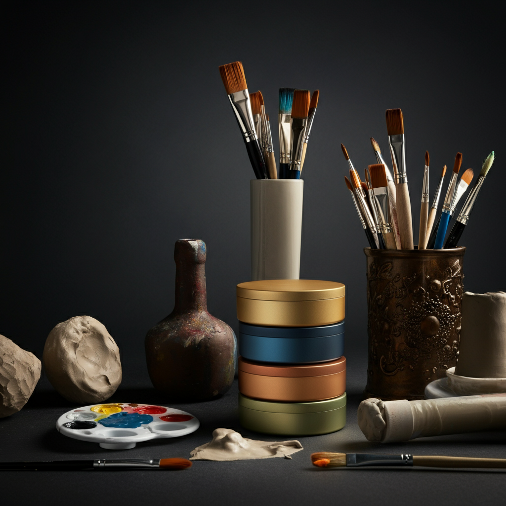 A bright, airy studio space with art supplies scattered around - paints, brushes, clay - representing creativity and personal expression.