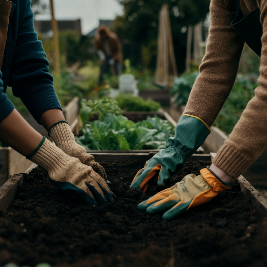 A diverse group of people working together in a community garden, hands in the soil, sharing tools, soft, natural lighting and textures.