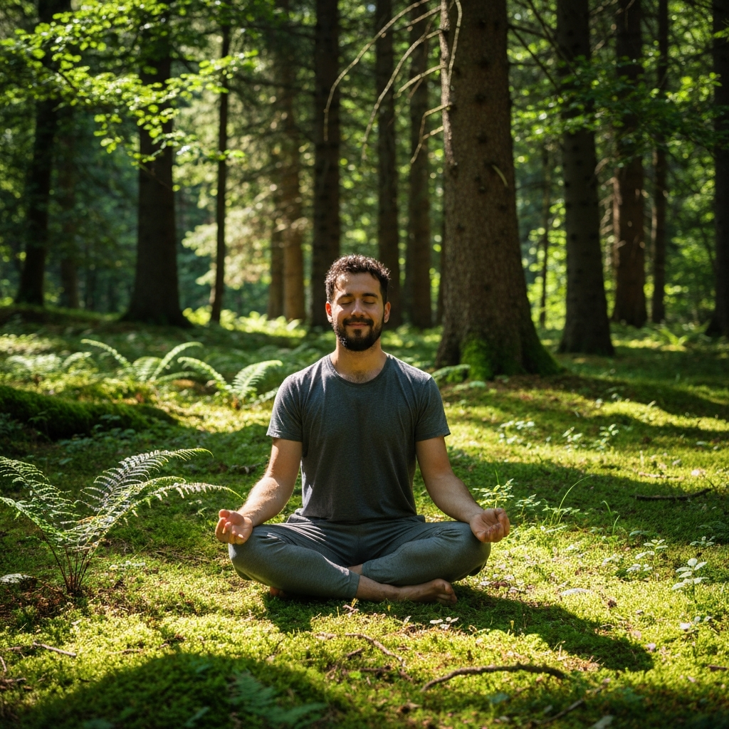 A person meditating outdoors in a peaceful forest setting, sunlight filtering through the trees, casting dappled shadows.