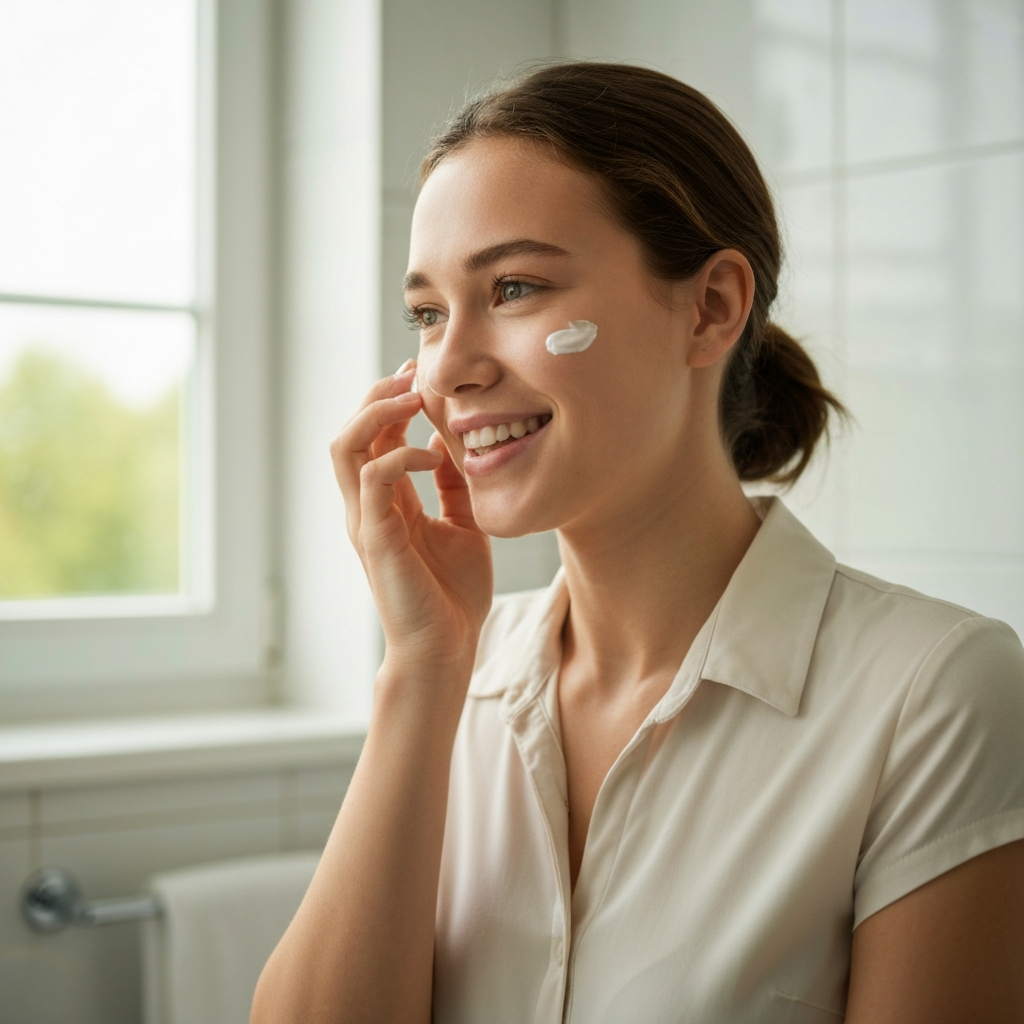 A teenager with clear, healthy skin smiles as she applies moisturizer to her face in a brightly lit bathroom. Soft natural light streams through the window. The scene uses a shallow depth of field focusing on the moisturizer bottle.