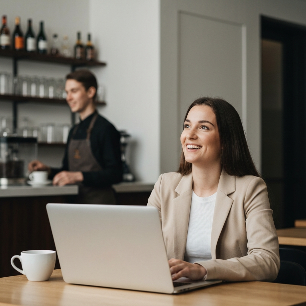 A young woman is seen working on a laptop in a cozy cafe. She is smiling as she looks up and engages in conversation with a barista. Soft background bokeh.
