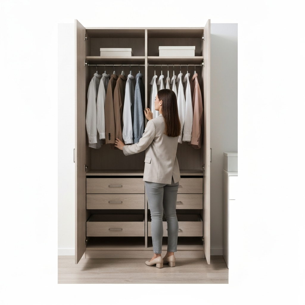 A young woman stands in front of her open closet, carefully selecting an outfit. The closet is organized and contains a variety of stylish, well-maintained clothes. The scene is well-lit with soft, diffused light.