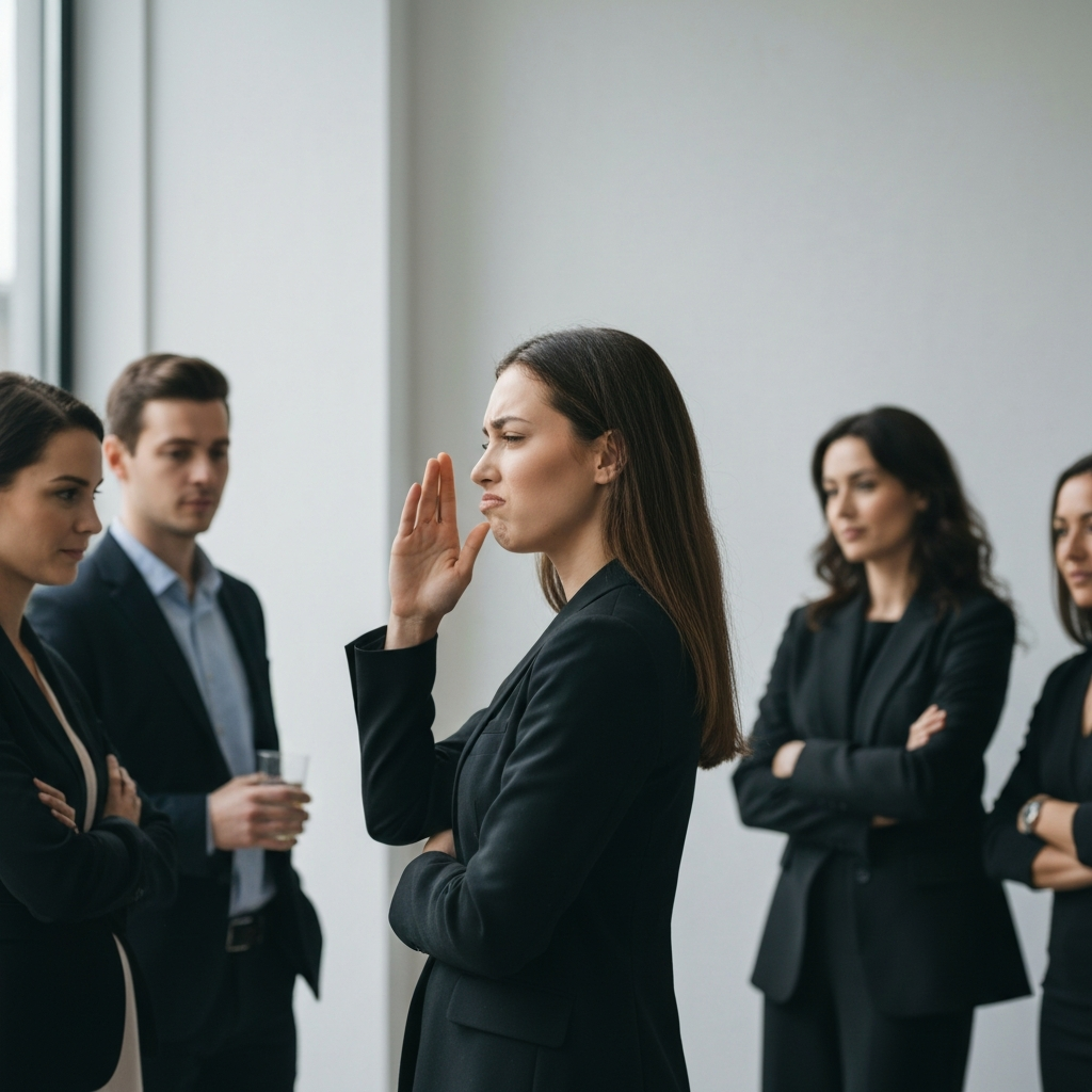A young woman is shaking her head dismissively with a slight frown, while turning away from a group of people who are gossiping. The scene is side-lit, highlighting the texture of her hair.