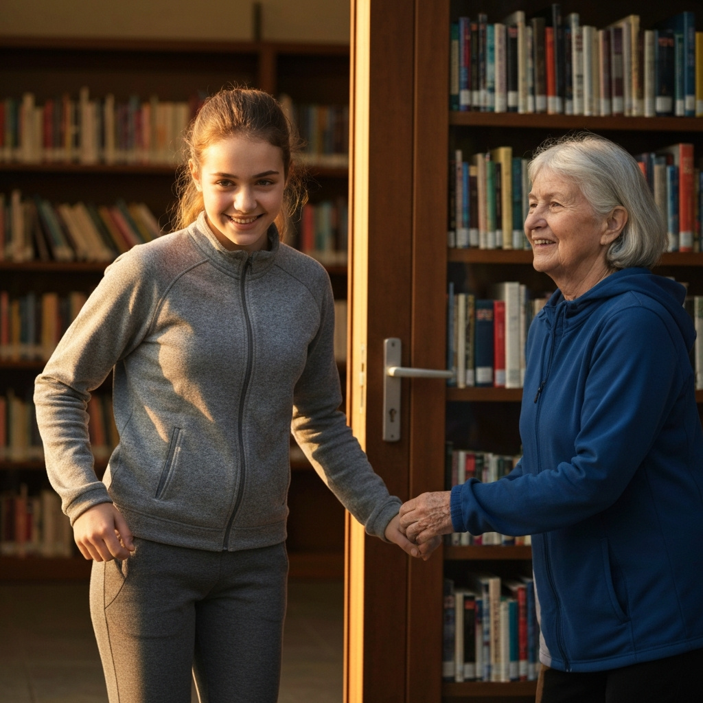 A teenage girl is holding the door open for an elderly woman at a library, offering a friendly smile. Soft focus background.