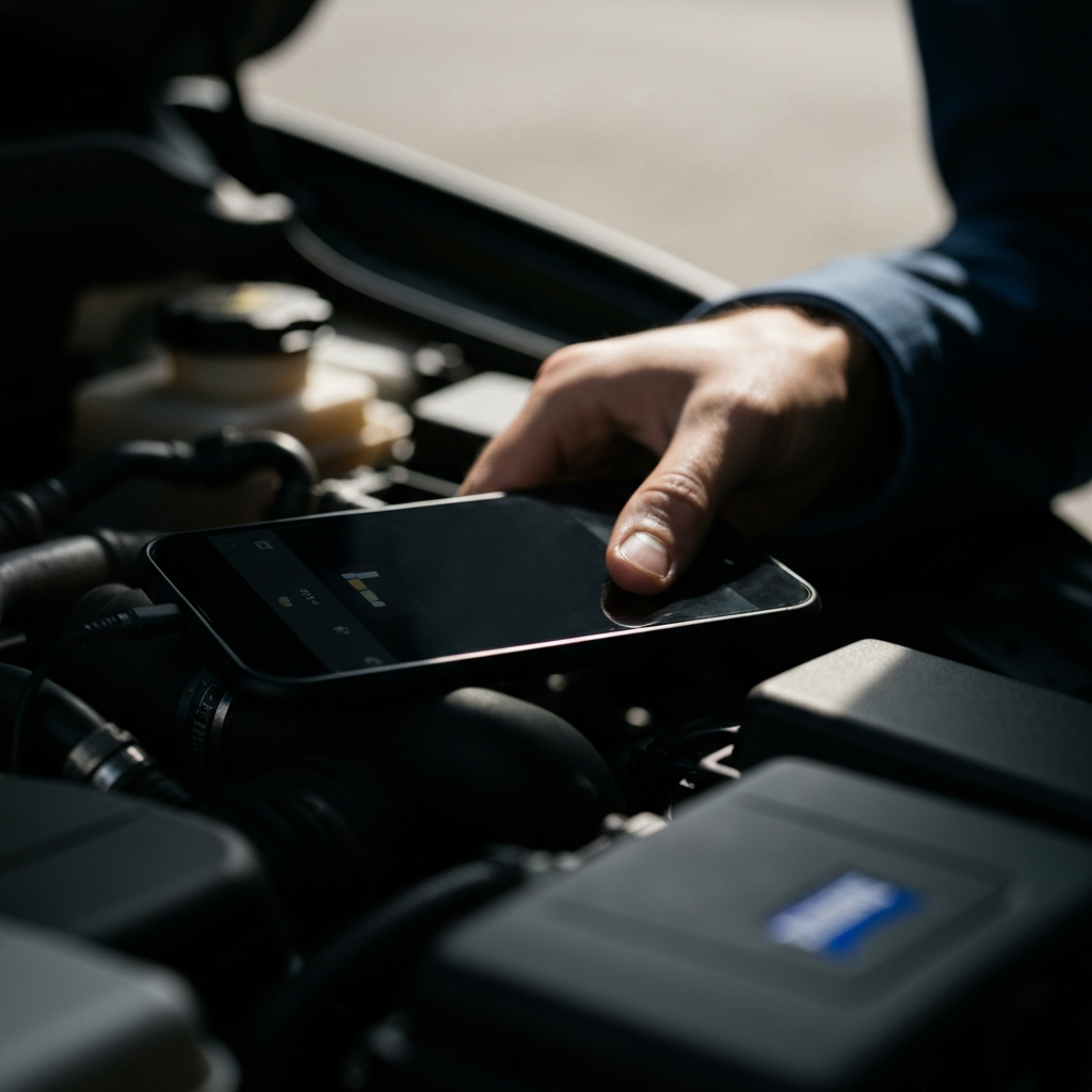 A smartphone recording audio near a car's engine bay, illuminated by soft natural light.