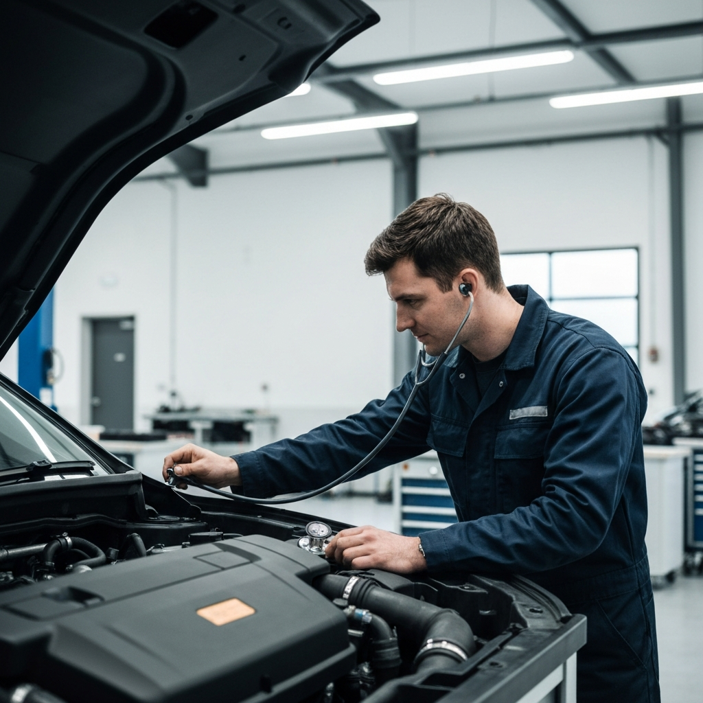 A mechanic in a clean workshop, using a stethoscope to listen to a car engine with focused attention.
