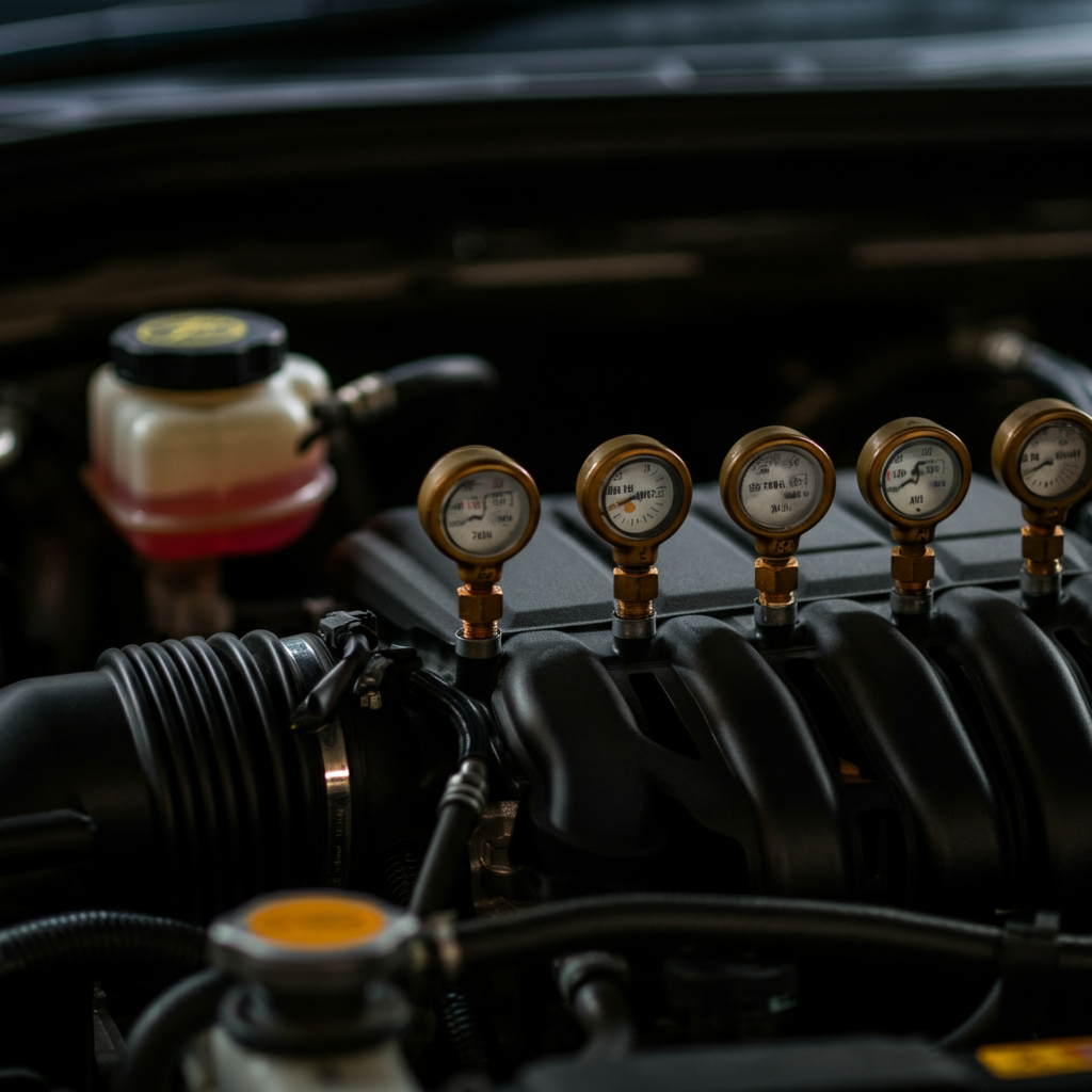 A close-up of a car engine bay, focusing on fluid level dipsticks and caps, with soft lighting highlighting the textures of the various components.