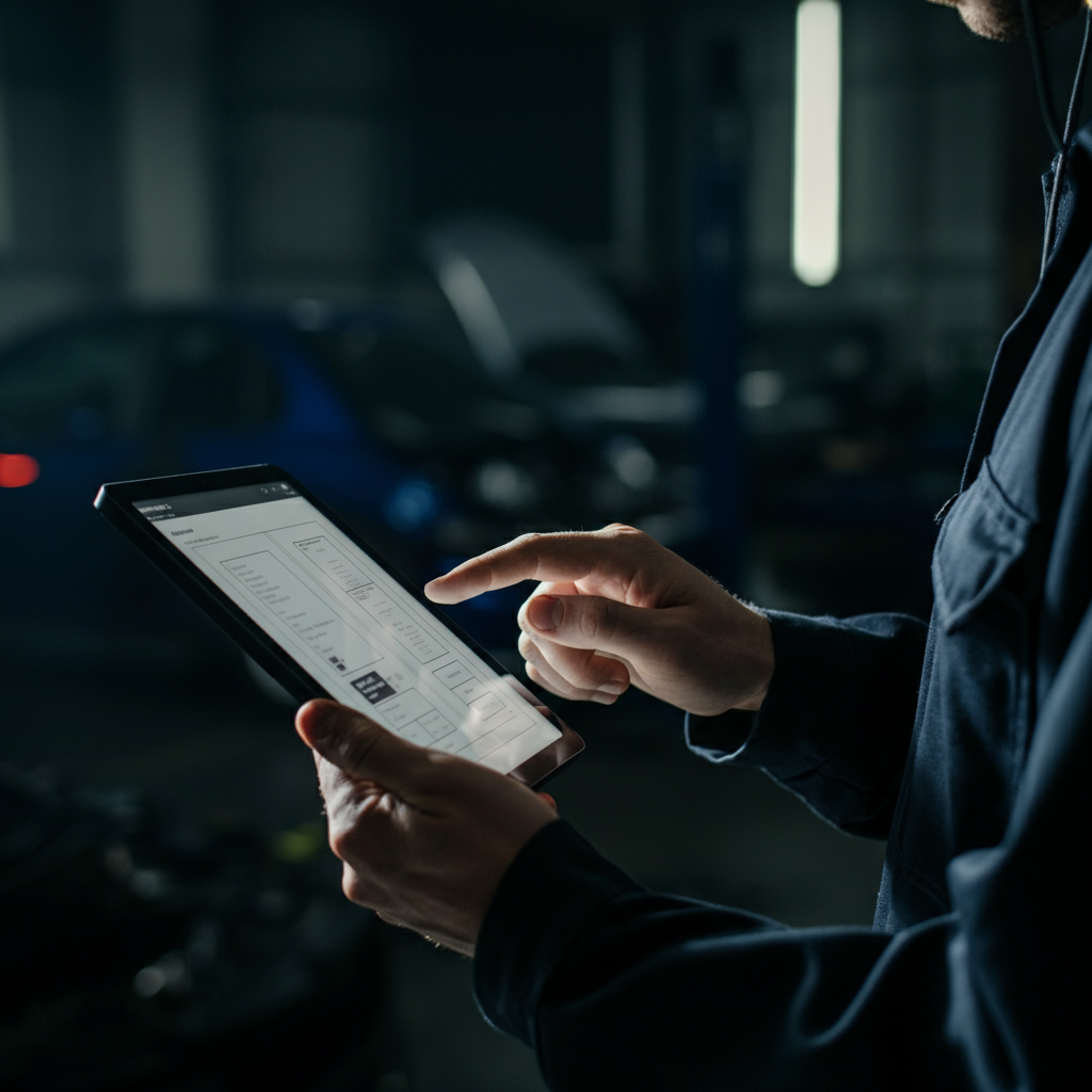 A person using a tablet in a garage, searching for information about car repair on the internet.