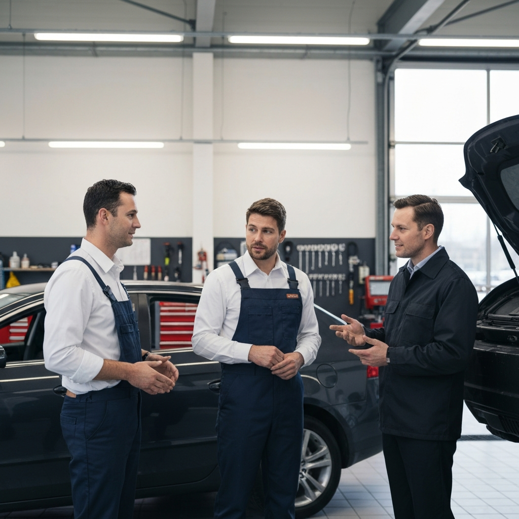 A customer discussing a car issue with a mechanic in a brightly lit auto repair shop, showcasing professional tools and equipment in the background.