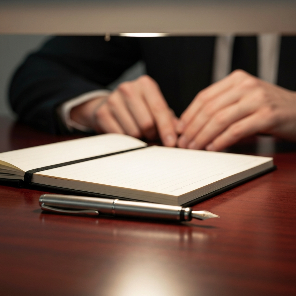 Close-up shot of a notebook resting on a polished mahogany desk. A silver fountain pen lies beside it. The soft glow of a desk lamp highlights the faint grain of the wood and the faint texture of the paper. Focus is shallow, creating a soft bokeh effect in the background.