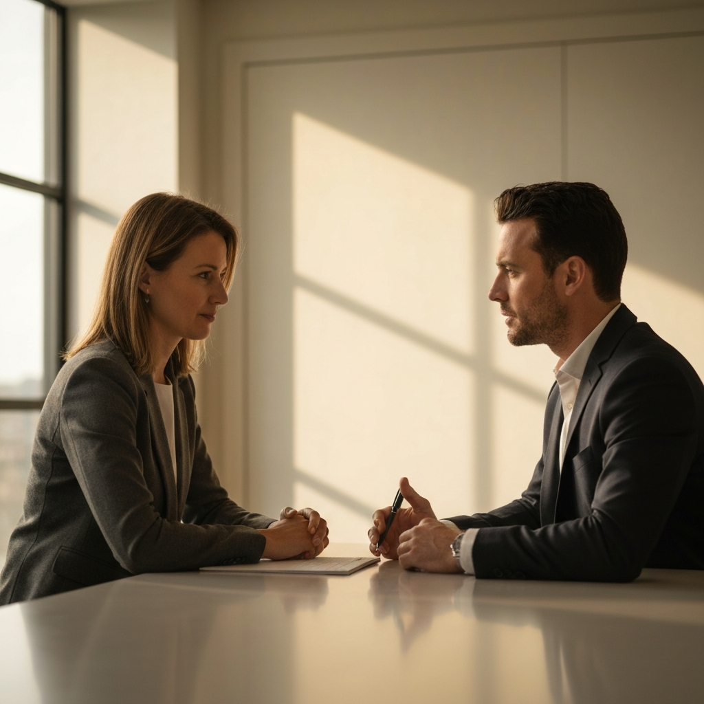 Two individuals seated at a conference table, engaged in deep conversation. The lighting is warm and diffused, casting gentle shadows on their faces. The table surface is smooth and reflects the ambient light. The individuals are professionally dressed and maintain direct eye contact. Side-lit textures of their clothing.