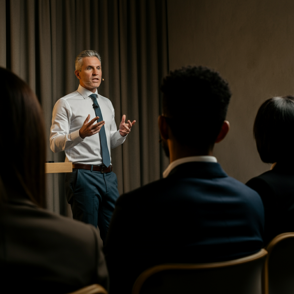 A speaker addressing a small audience in a well-lit room. The speaker is standing tall with confident posture, using hand gestures to emphasize points. The audience members are attentively listening, their faces showing engagement. The lighting is natural and flattering.