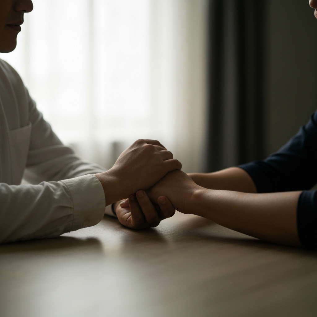 Two people seated across from each other at a table, engaged in a heartfelt conversation. One person is gently placing their hand on the other's forearm in a gesture of support. The lighting is soft and warm, creating a sense of intimacy and connection. Shallow depth of field to focus on hands.