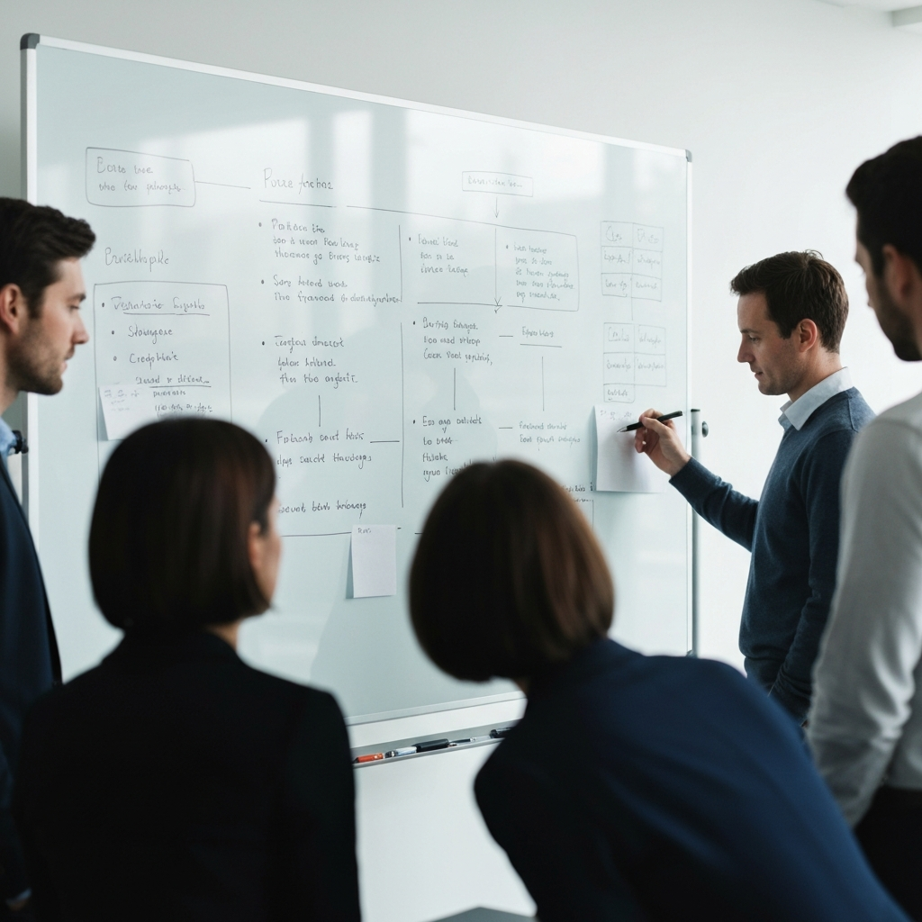 A person standing in front of a whiteboard, reviewing notes with a small group of colleagues. The whiteboard is covered in diagrams and bullet points. The lighting is bright and even, illuminating the details of the notes and the faces of the individuals. Soft focus in background.