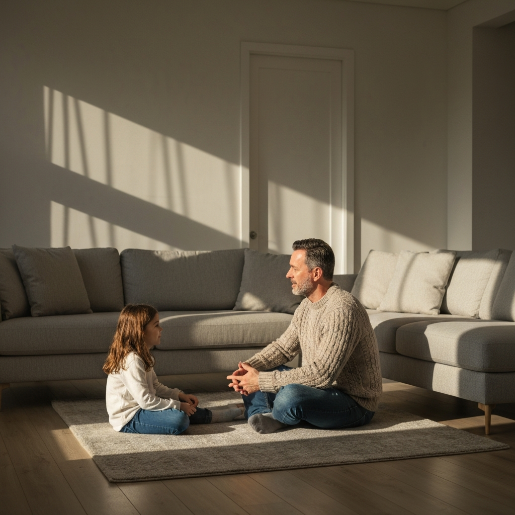 A cozy living room. A father is sitting on the floor, eye-level with his daughter, engaged in a conversation. The warm afternoon sun casts long shadows across the room, accentuating the soft textures of the rug and the father's knitted sweater. The scene emphasizes active listening and genuine connection.