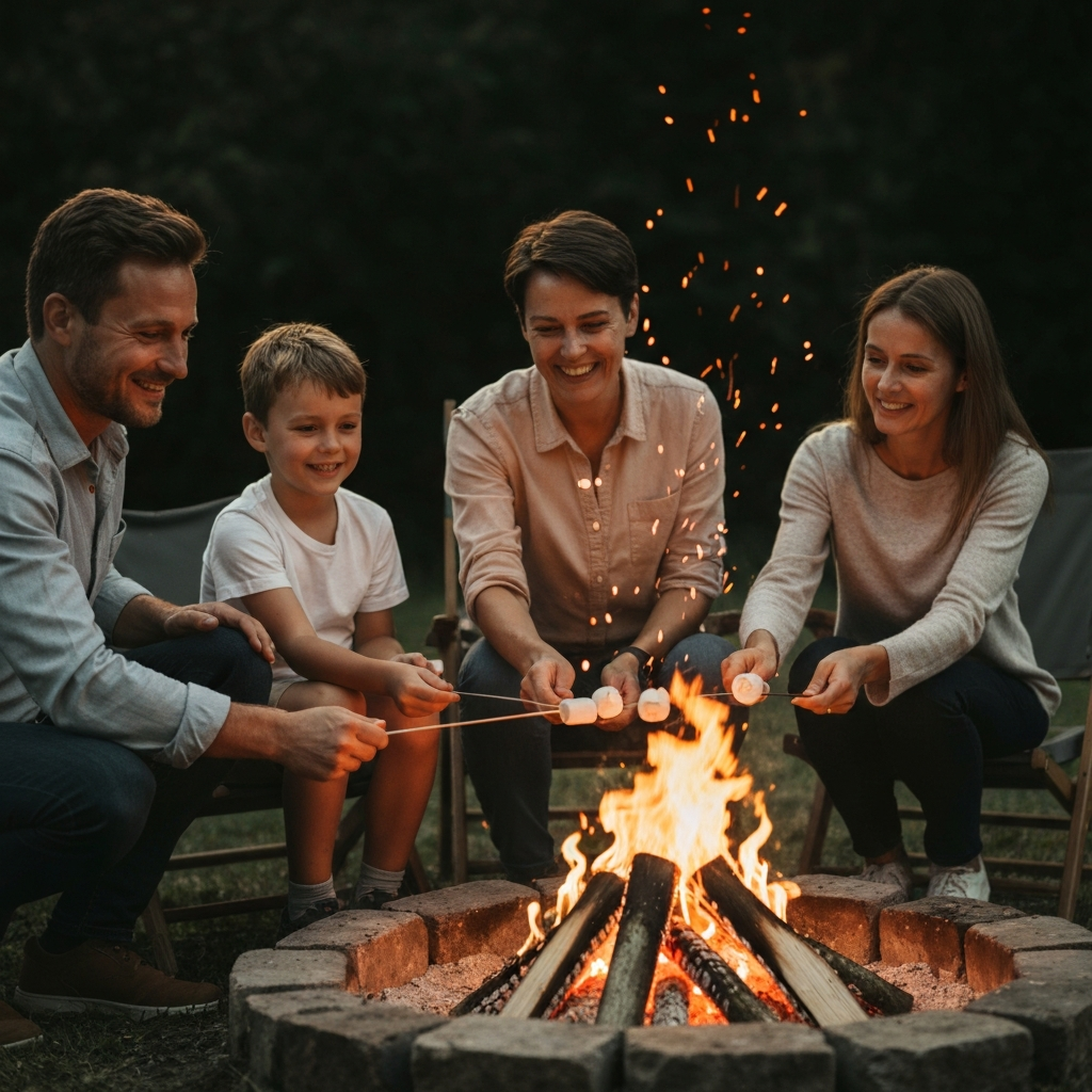 A family is gathered around a campfire, roasting marshmallows. The golden hour lighting creates a warm and inviting atmosphere, illuminating their smiling faces and the sparks rising from the fire. The scene captures the essence of shared joy and connection.
